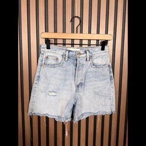 Denim Forum Jean Shorts 25 Womens Blue Yoko Frayed Mid Thigh Denim